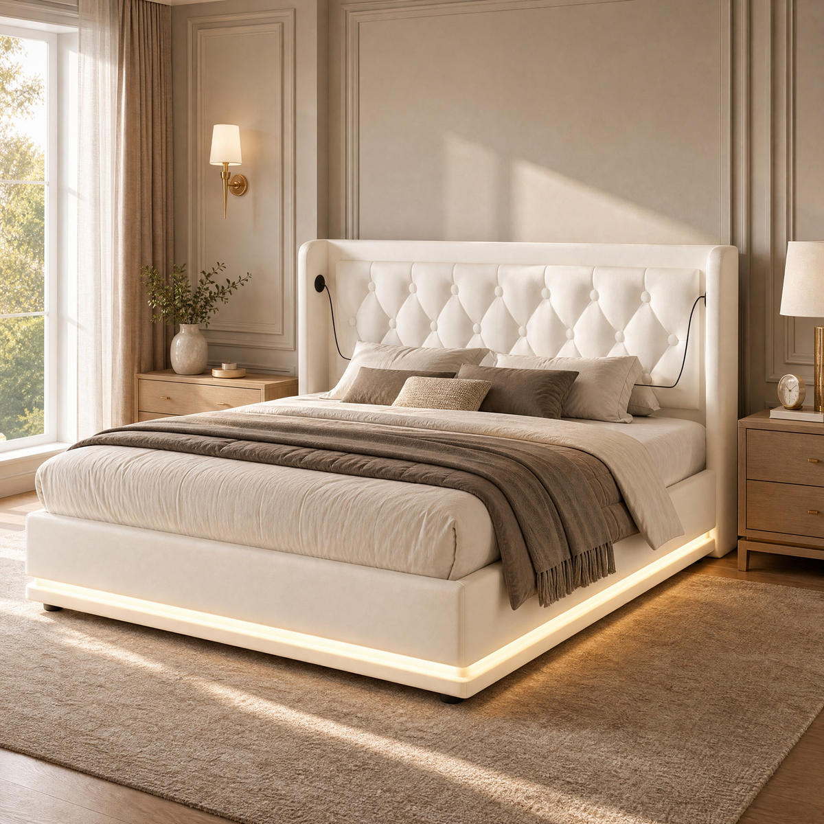 POLSTERBETT 140/200 mit Bettkasten, 3-seitiger LED-Beleuchtung und USB Type-C in Weiß - Weiß, Holzwerkstoff/Textil (140/200cm) - EVRYAE