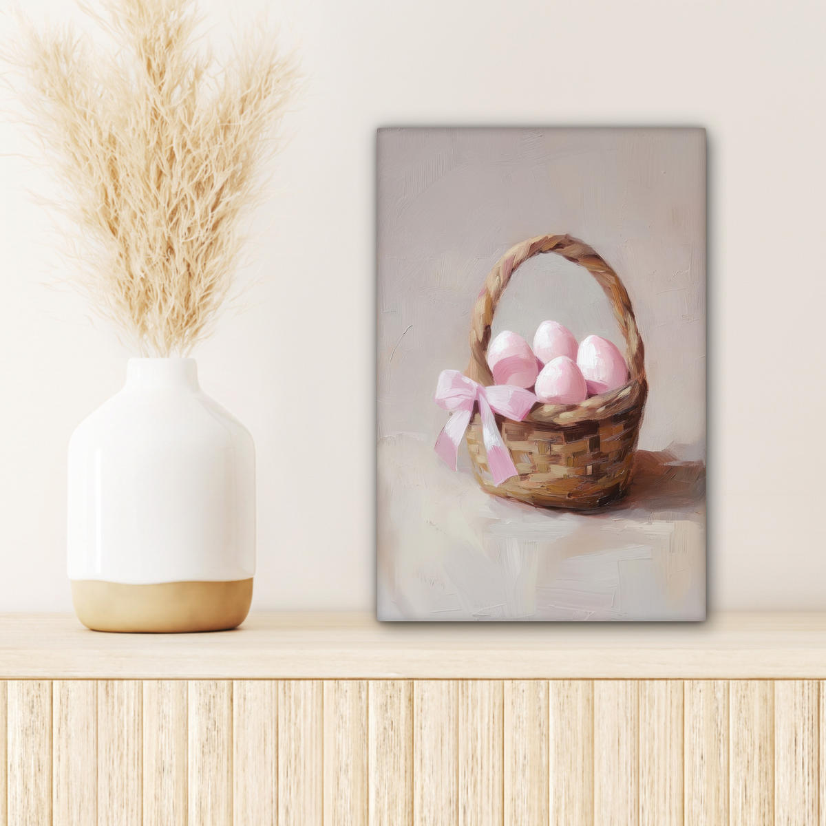 LEINWANDBILD Korb - Eier - Rosa Deko Wohnzimmer 20x30 cm - Beige, Textil (20/30cm) - MuchoWow