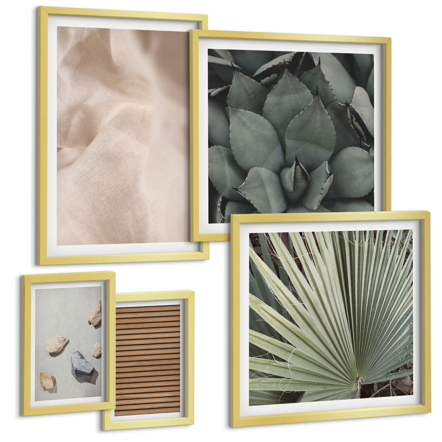 BILDER SET 5er Set - 50x50 cm & 20x30 cm & 40x60 cm Goldrahmen - Steine, Holz, Stofftexturen - Goldfarben, Kunststoff (40/60cm) - TULUP