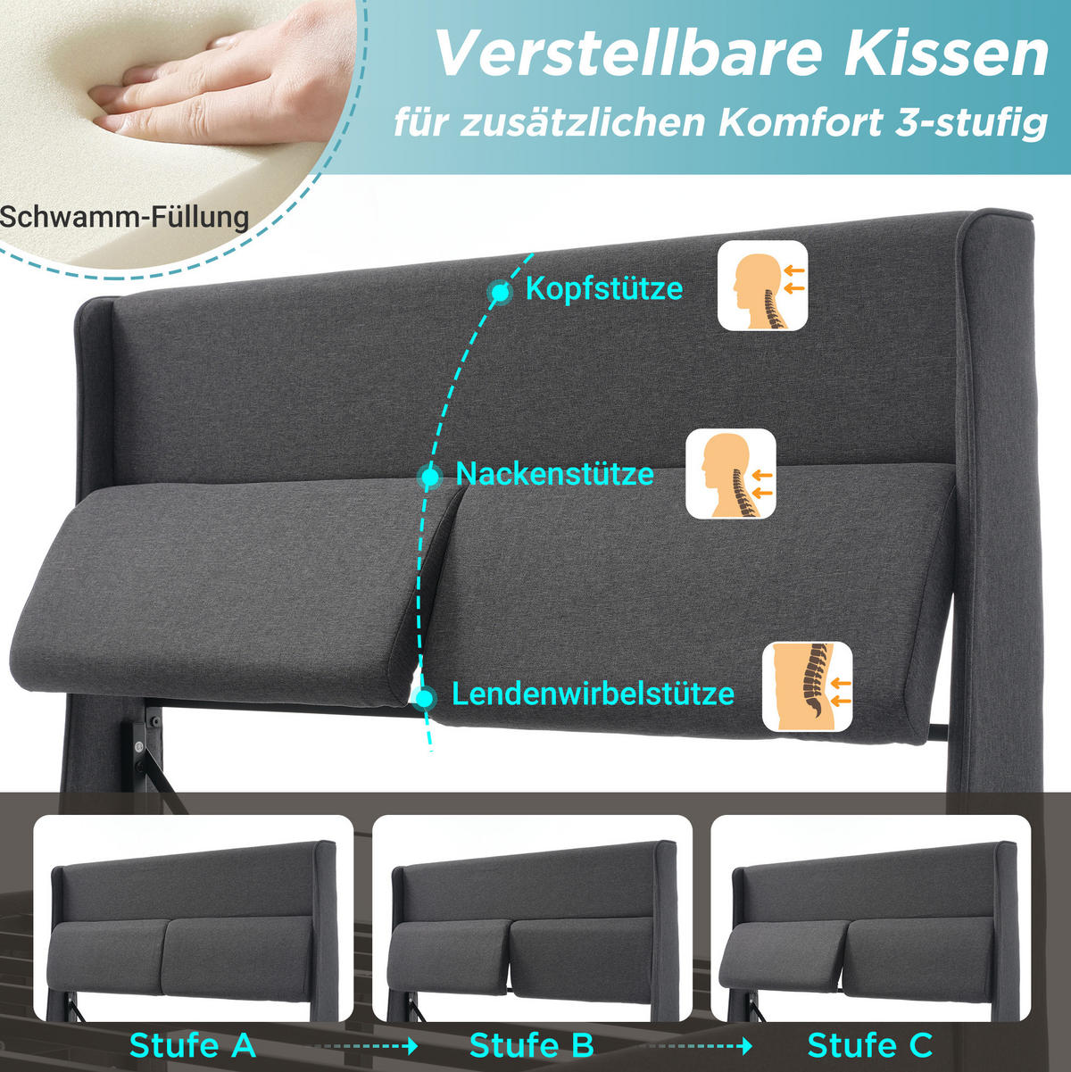 POLSTERBETT 160/200 cm Grau aus Leinen mit Stauraum - Grau, Textil (160/200cm) - OKMYHOME
