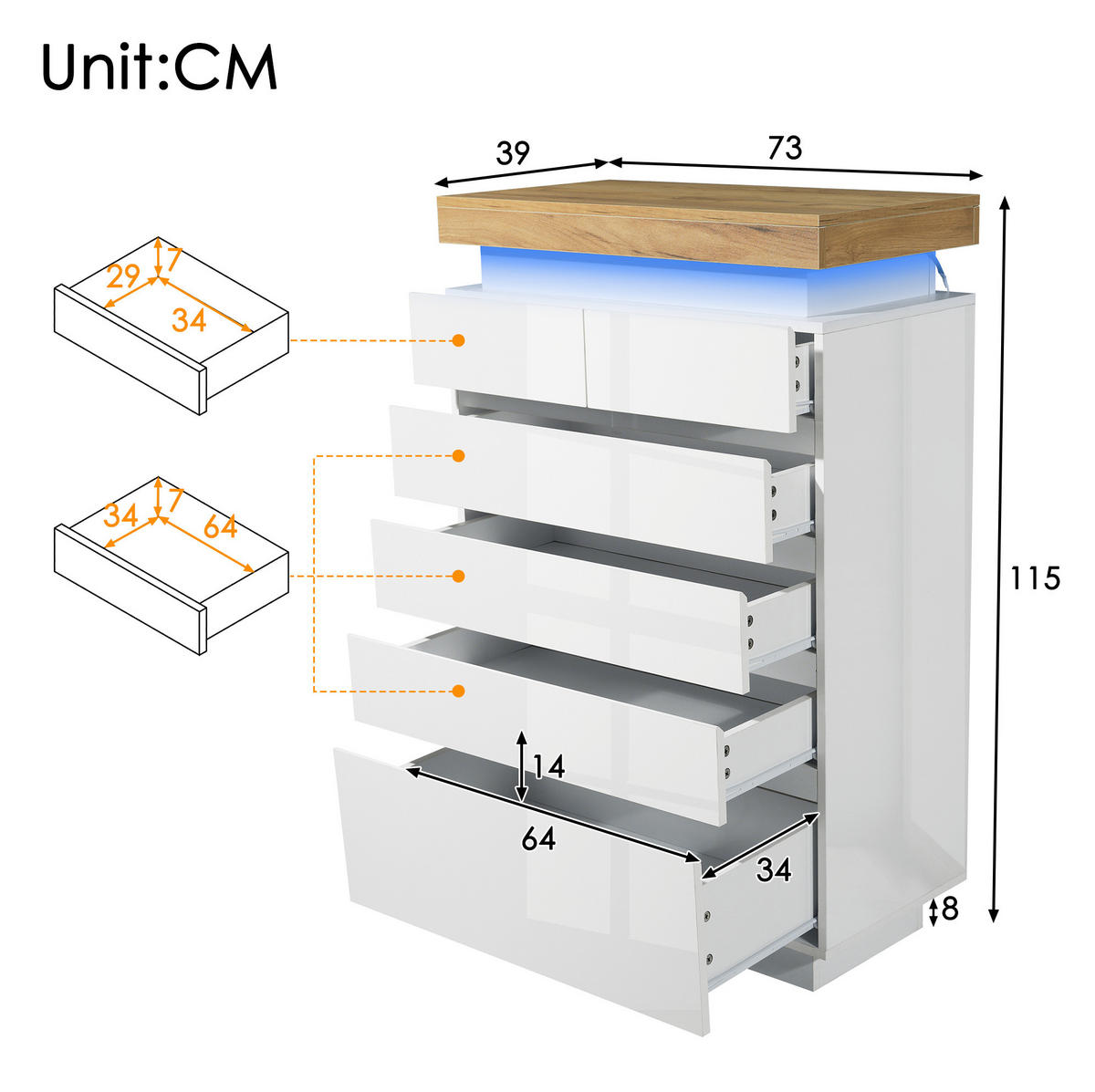KOMMODE aus Spanplatte und MDF 39x73x115 cm Weiß mit LED-Beleuchtung, 6 Schubladen und Hochglanzfront - Weiß, Holzwerkstoff (73/115/39cm) - Modfu