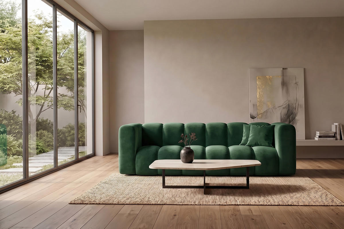 SOFA 3-Sitzer Modulares, Velvet-Stoff Riviera, Grün, GRAND - Grün, Holz (230/70/89cm) - Kaiser Möbel