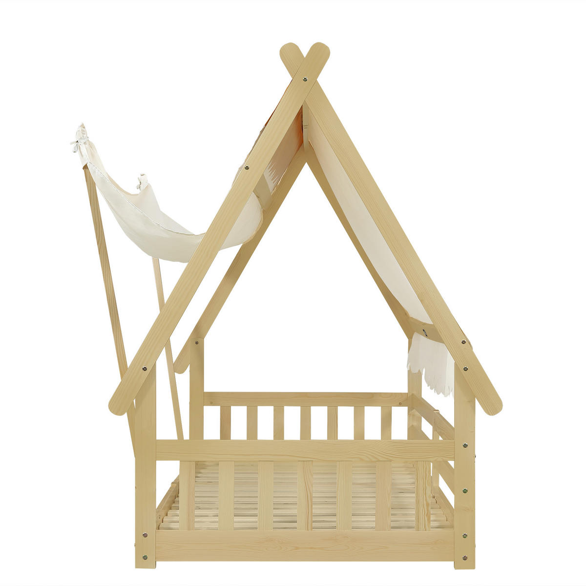 KINDERBETT 90/200 cm in Weiß & Natur Hausbett mit Sicherheitsgeländer und abnehmbarem Zelt - Weiß/Naturfarben, Holzwerkstoff (90/200cm) - STILVORA