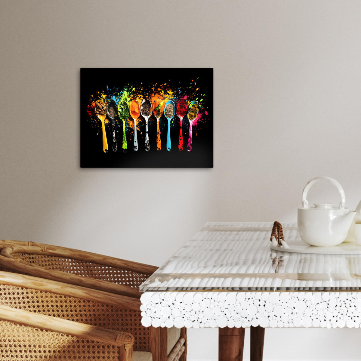 LEINWANDBILD Löffel - Gewürze - Modern - Graffiti - Farbe - Farbenfroh 40x30 cm - Multicolor, Textil (40/30cm) - MuchoWow