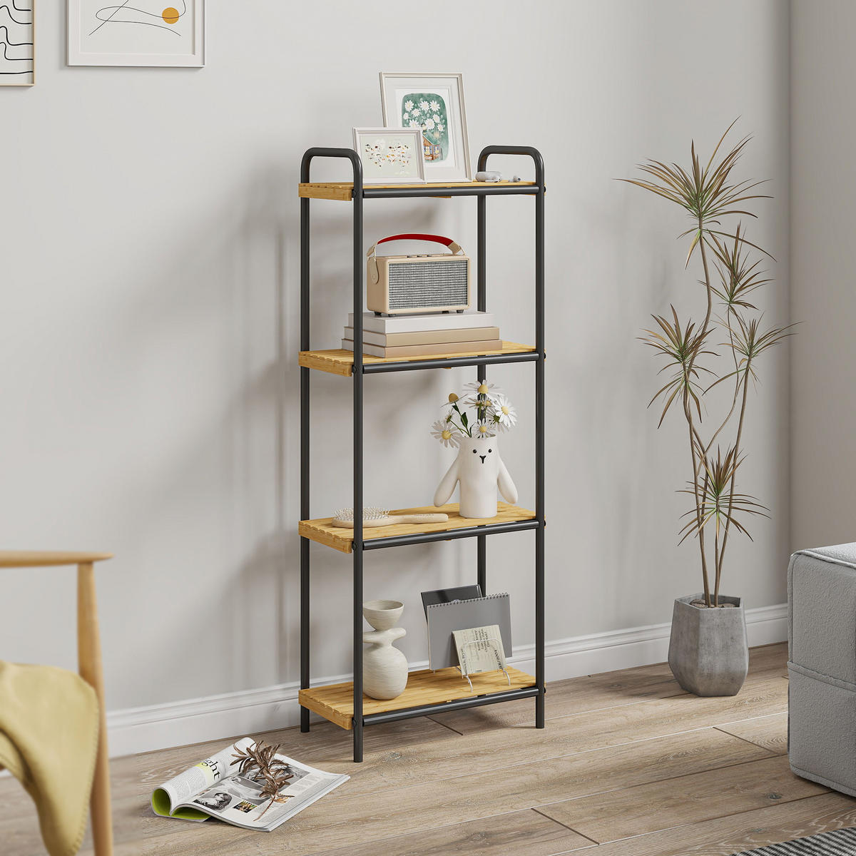 BADEZIMMERREGAL DE-17341 4 Ebenen, schmal aus Bambus & Stahl Natur - Schwarz, Naturmaterialien (21.5/106/41.5cm) - ComfortXL