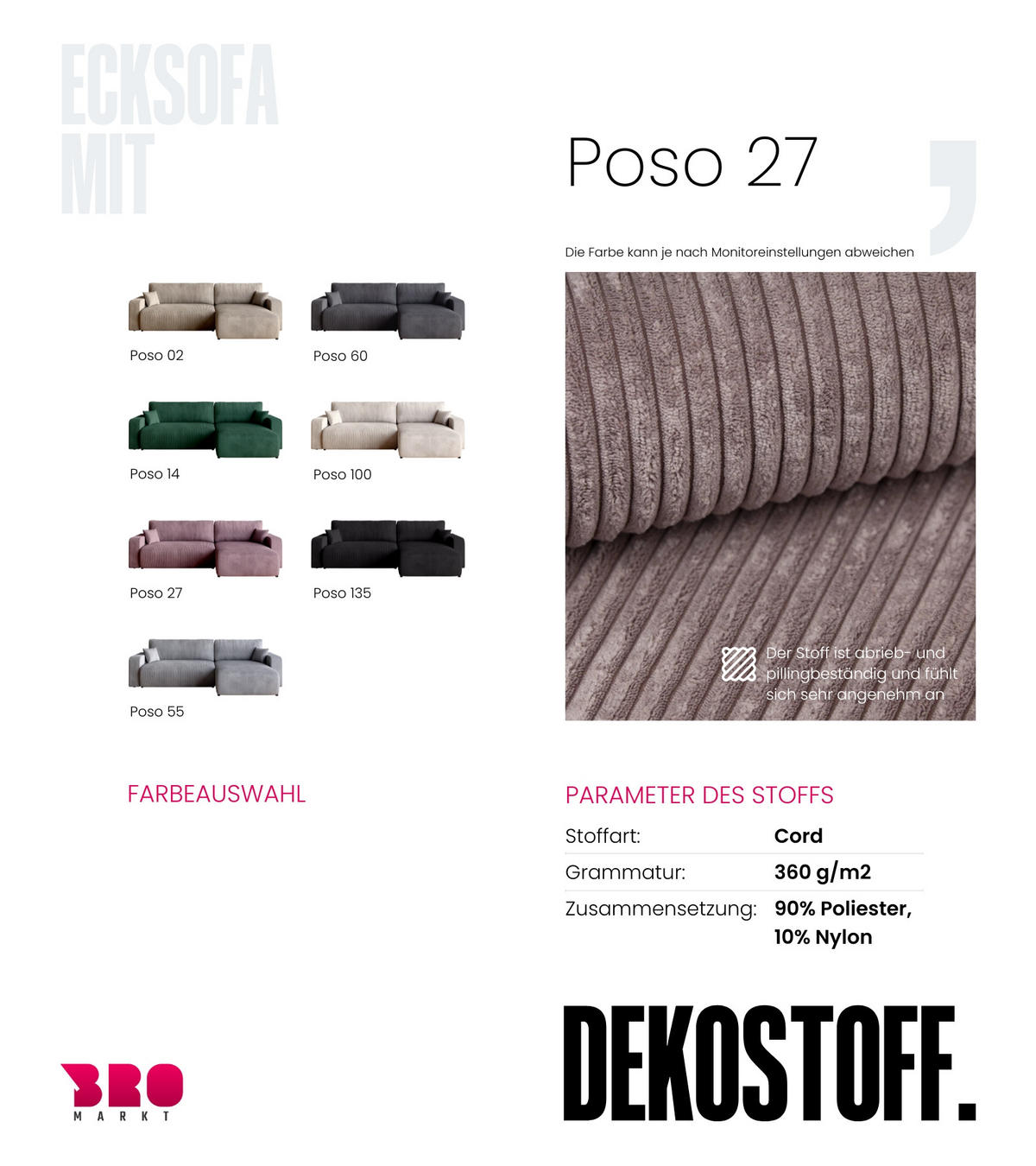 ECKSOFA PUMI XL mit Schlaffunktion Puderrosa Cord - Rosa, Textil (274/148cm) - Bromarkt