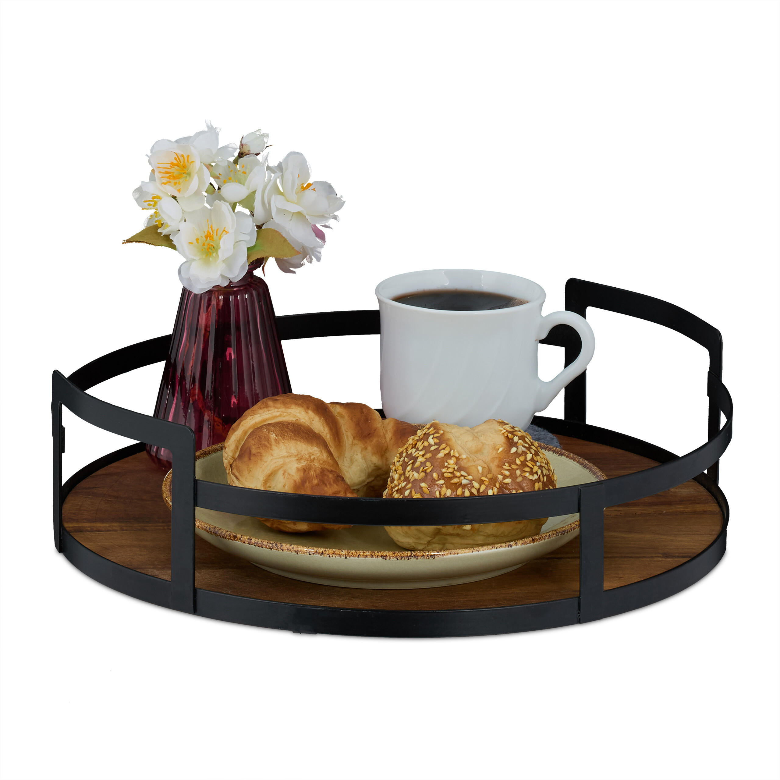 Relaxdays PODNOS hnědý černý kulatý akáciové dřevo kov 30,5 cm