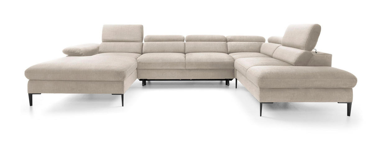 WOHNLANDSCHAFT MESTO Creme Velours-Stoff mit Schlaffunktion - Creme, Holz (353/94/182cm) - MASSENO