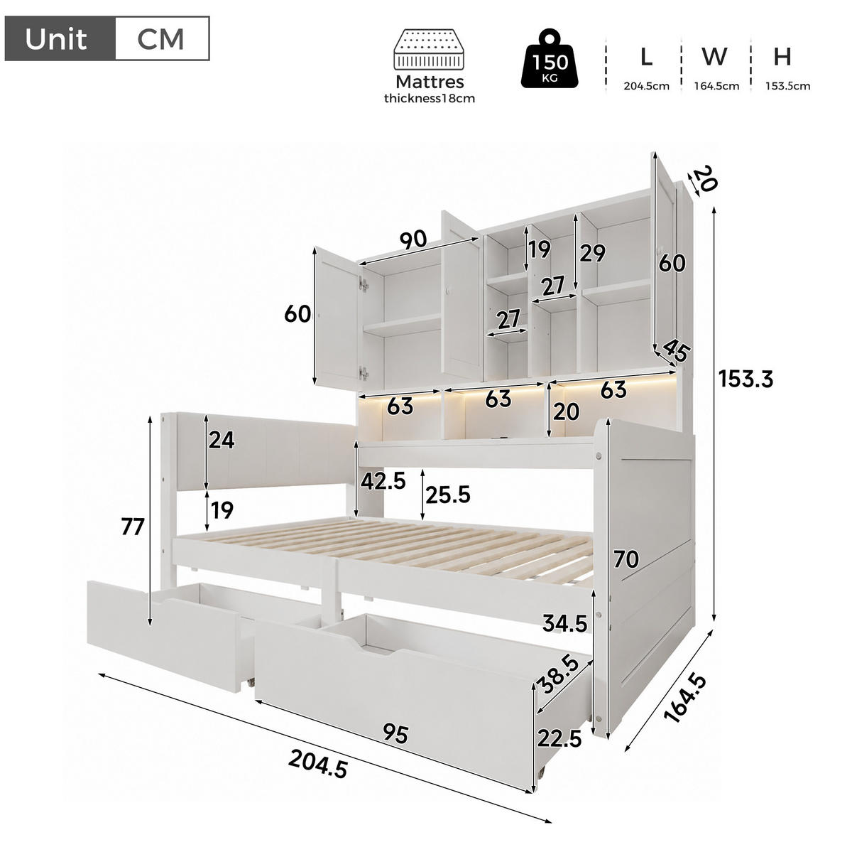 TAGESBETT 140x200 cm in Weiß mit LED-Beleuchtung, USB-Anschlüssen und Stauraum - Weiß, Holzwerkstoff (140/200cm) - IVMEU