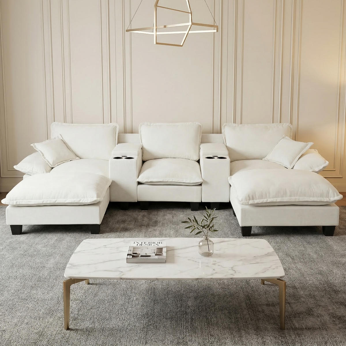 WOHNLANDSCHAFT aus Chenille 323x151x90 cm Beige mit USB-Anschluss, Stauraum, Getränkehaltern und 2 Ottomane - Beige, Textil (323/90/151cm) - Modfu