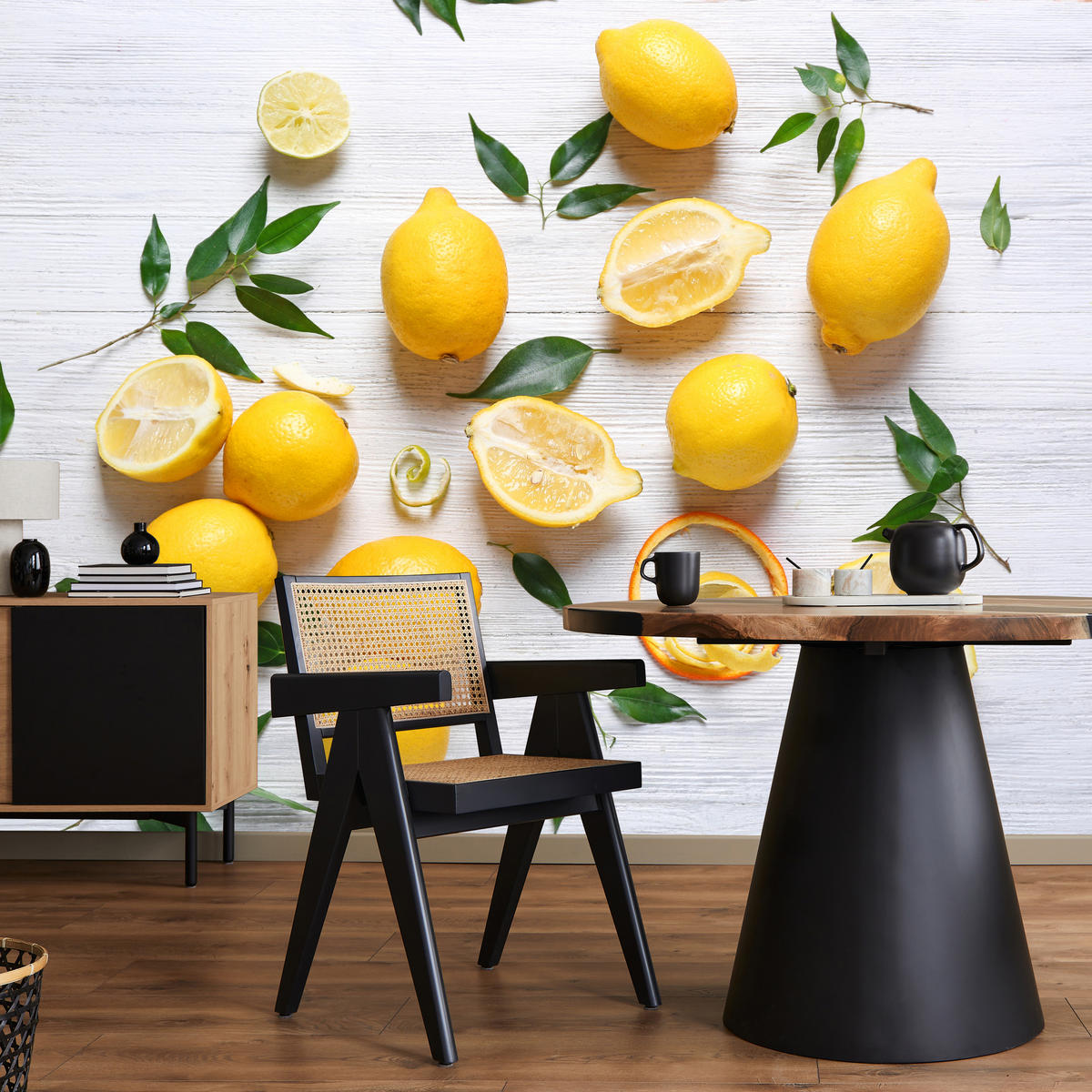 FOTOTAPETE für Küche Zitronen Holztisch Blätter Frisch Rustikal 300x210 - Gelb/Weiß, Papier (300/210cm) - Muralo