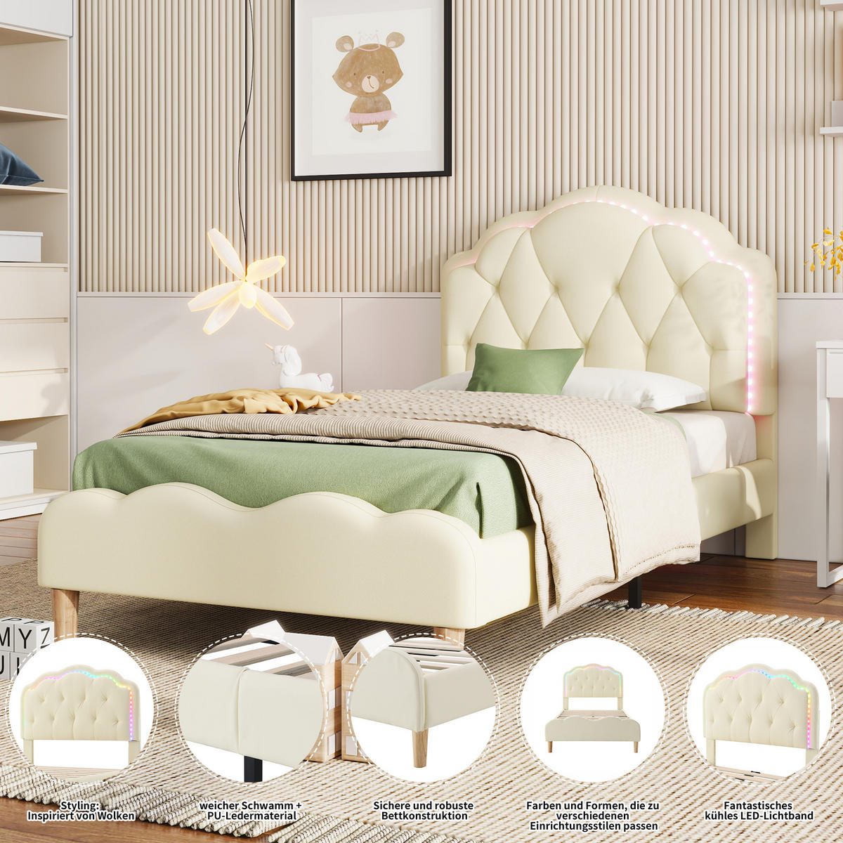 POLSTERBETT 90/200 cm Beige mit Wellenförmigem Kopfteil und LED-Beleuchtung - Beige, Kunststoff (90/200cm) - OKWISH