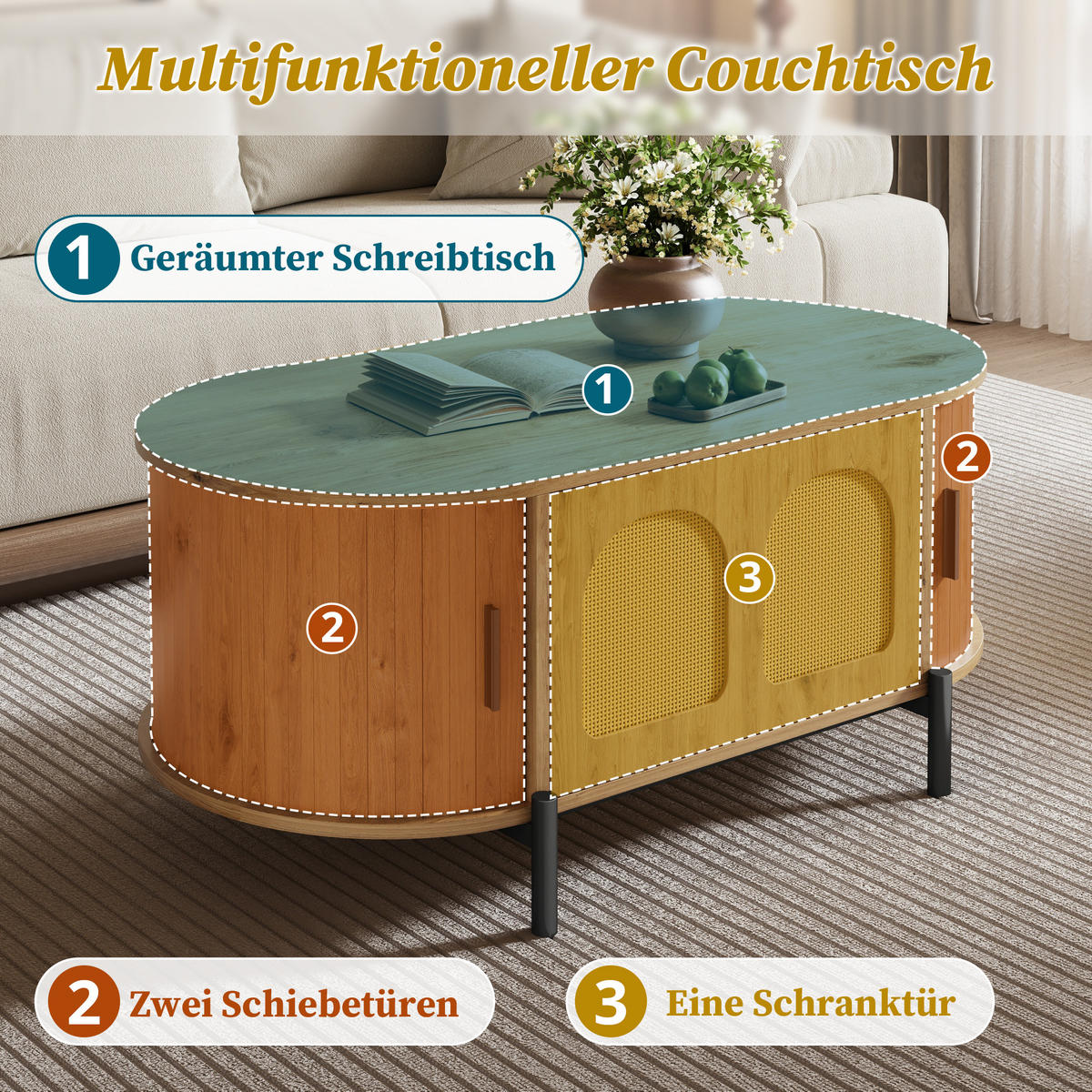 COUCHTISCH Natur mit Rattantüren oval 100×50×40 cm aus MDF - Naturfarben, Holzwerkstoff (50/100/40cm) - Luhomfu