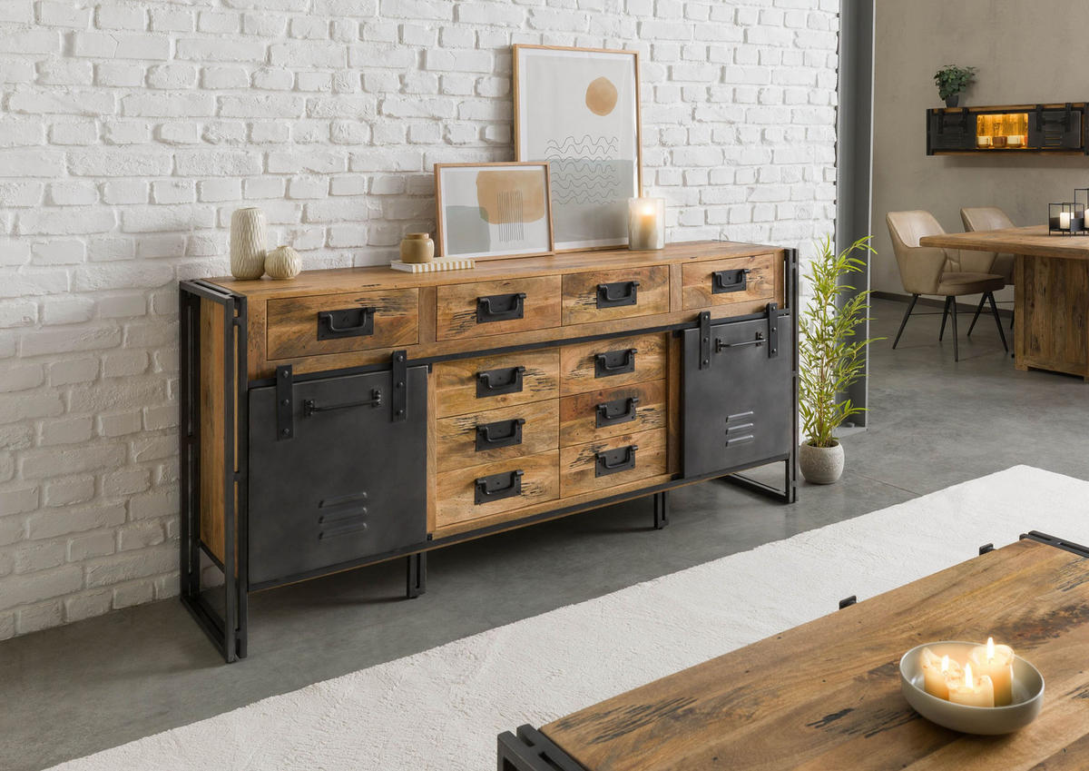 SIDEBOARD Mango 195x45x90 natur lackiert / Metall grau BLACKBURN #309 - Braun, Holz (195/90/45cm) - Massivmoebel24