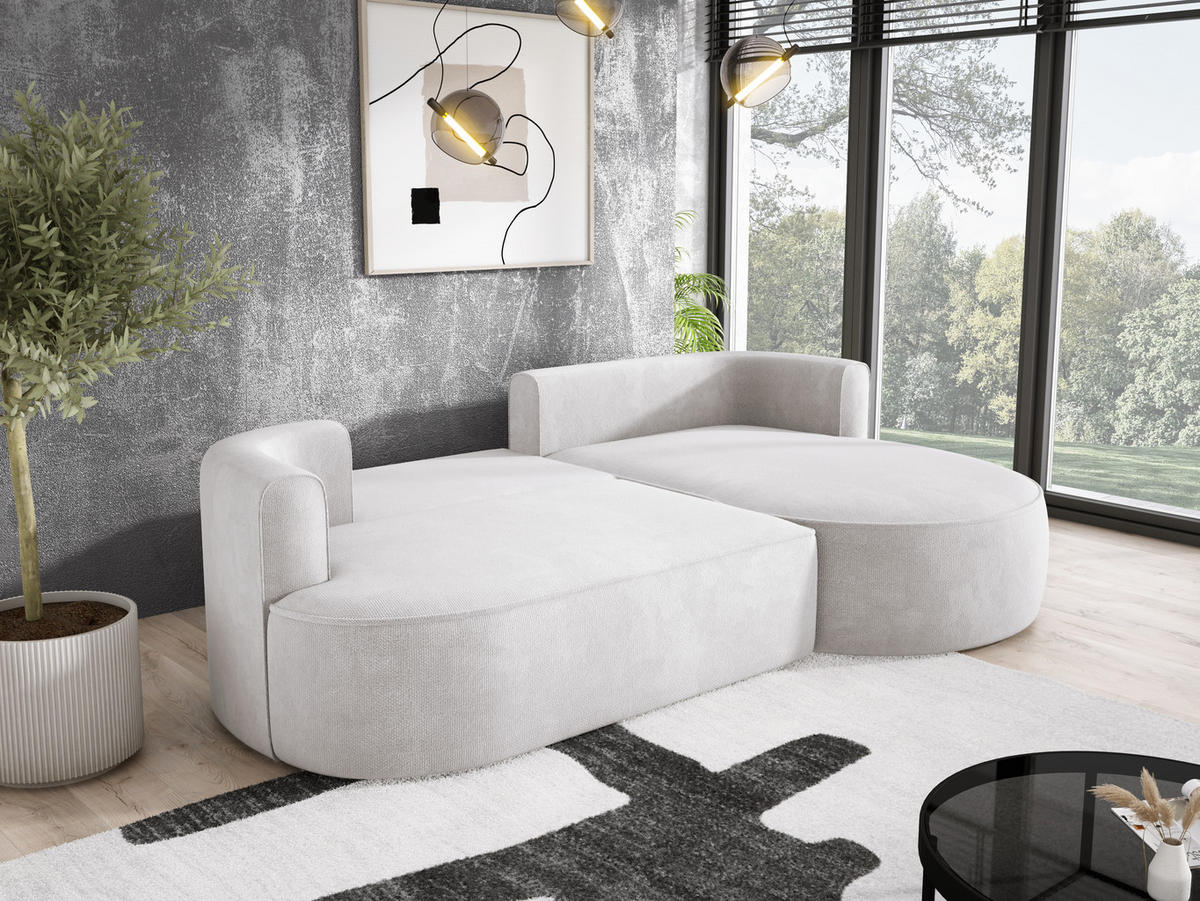 ECKSOFA FIORE-L Moderne Ausziehbare Schlaf-Funktion, automatischer Auffaltung, lose Rückenkissen freistehend RECHTS 284x183x82 cm cm White - Weiß Hochglanz, Holz/Textil (284/183cm) - DomoHome