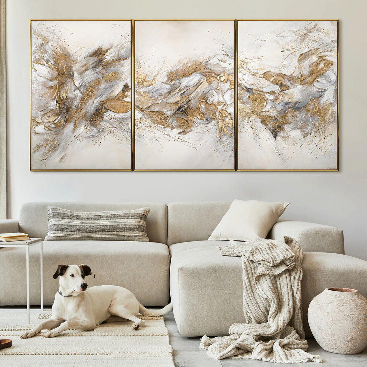 GEMÄLDE Funkelnde Schattierungen Schattenfugenrahmen Gold 300x140 3-teilig - Goldfarben, Holz (300/140cm) - YS-art gallery
