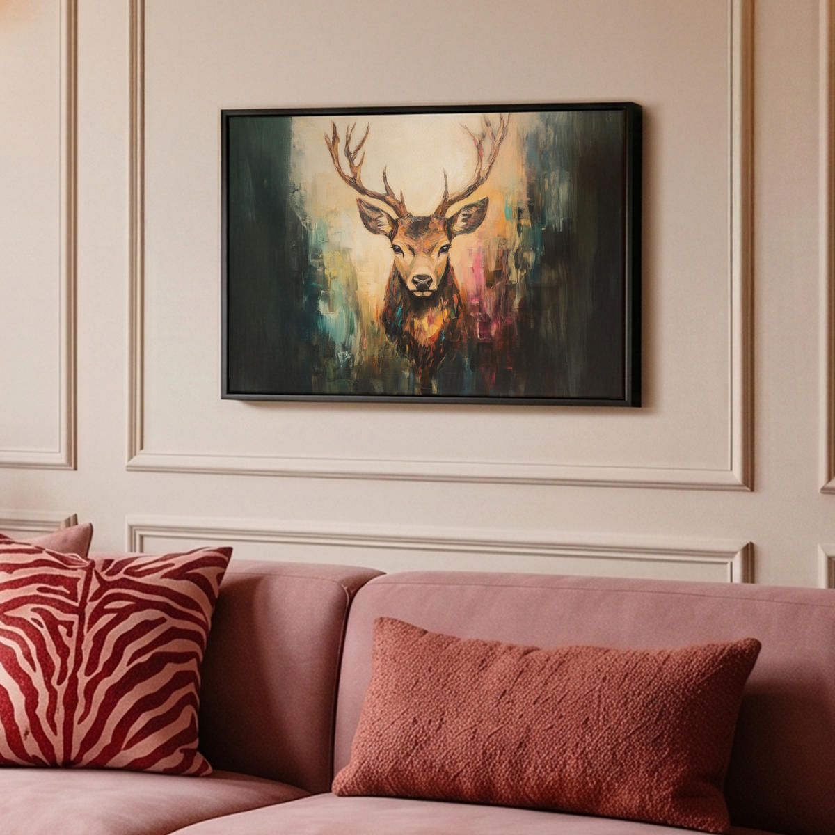 LEINWAND Bilder mit Rahmen - Hirsch - Gemalt - Geweih - Braun - 60x40 - Haselnussfarben, Textil (60/40cm) - MuchoWow
