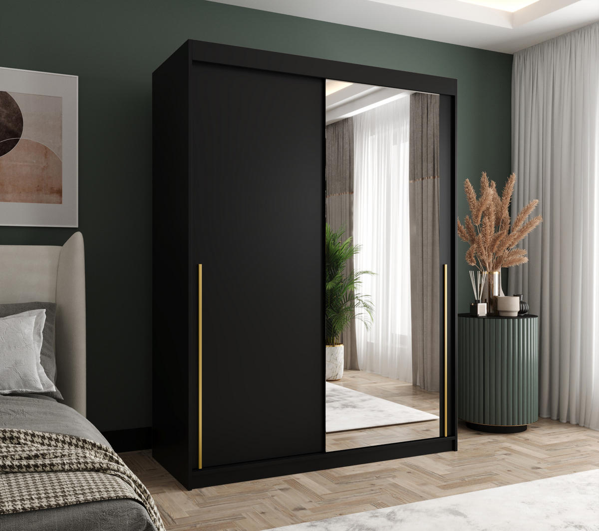 SCHWEBETÜRENSCHRANK mit Spiegel 150 cm Breite, Schwarz mit goldenem Griff - Goldfarben/Schwarz, Holzwerkstoff (250/200/62cm) - Home Collective