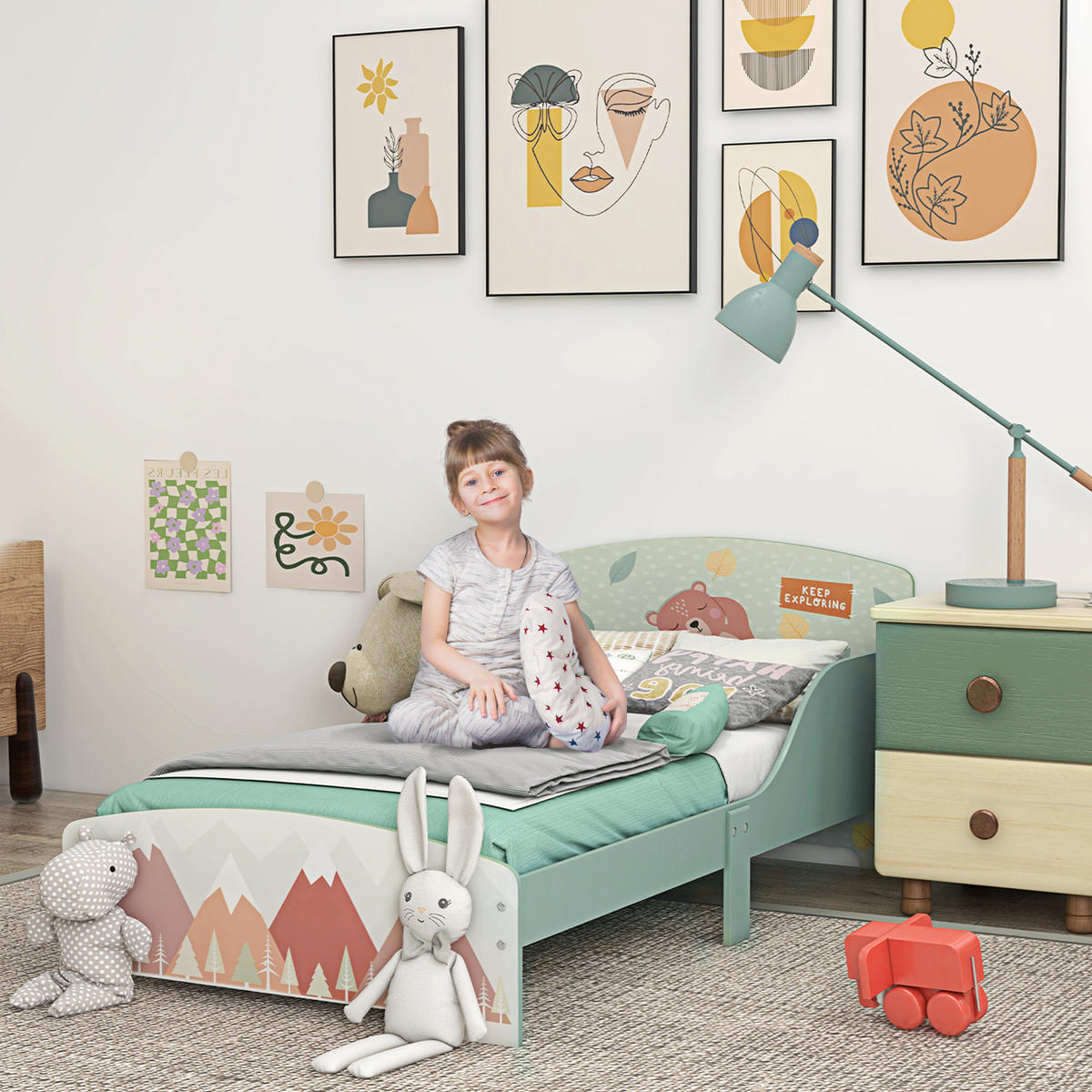 KINDERBETT 140x70 cm DE-14636 mit Sicherheitsbarrieren, Tiermotiv Grün - Grün, Holzwerkstoff (70/140cm) - ComfortXL