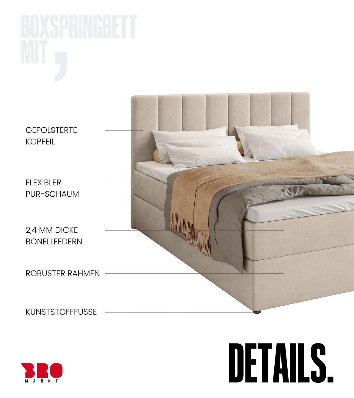 BOXBETT Denver mit Topper 160/200 Ecru - Ecru, Holzwerkstoff/Textil (160/200cm) - Bromarkt