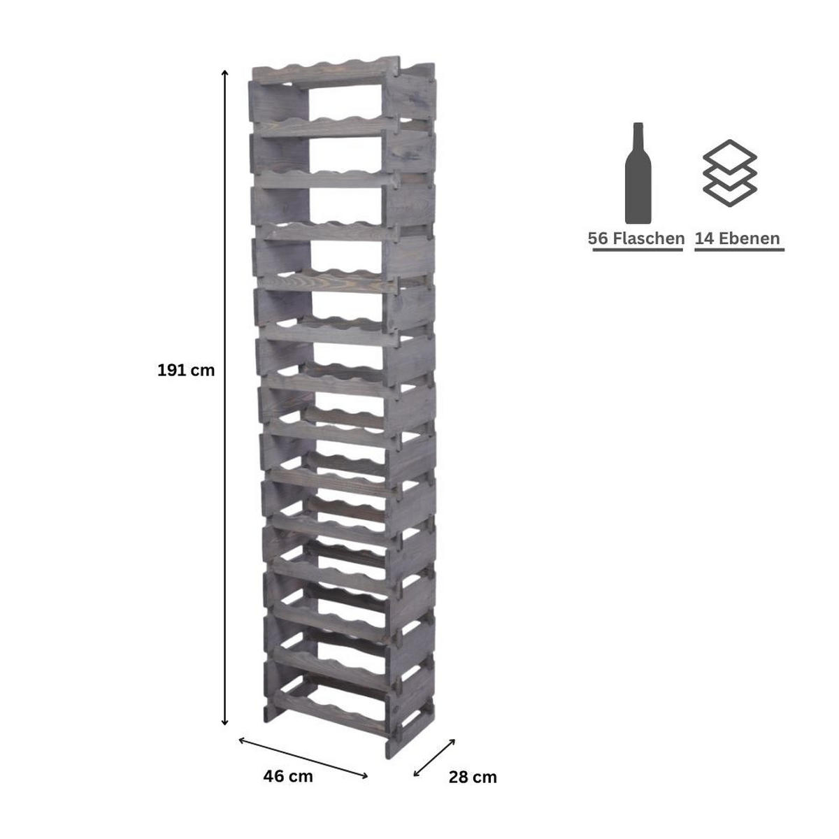 WEINREGAL VINOTECA FLEX PRO HxBxT 191x46x28cm 56 Flaschen auf 14 Ebenen Grau - Grau, Holz (46/191/28cm) - PROREGAL