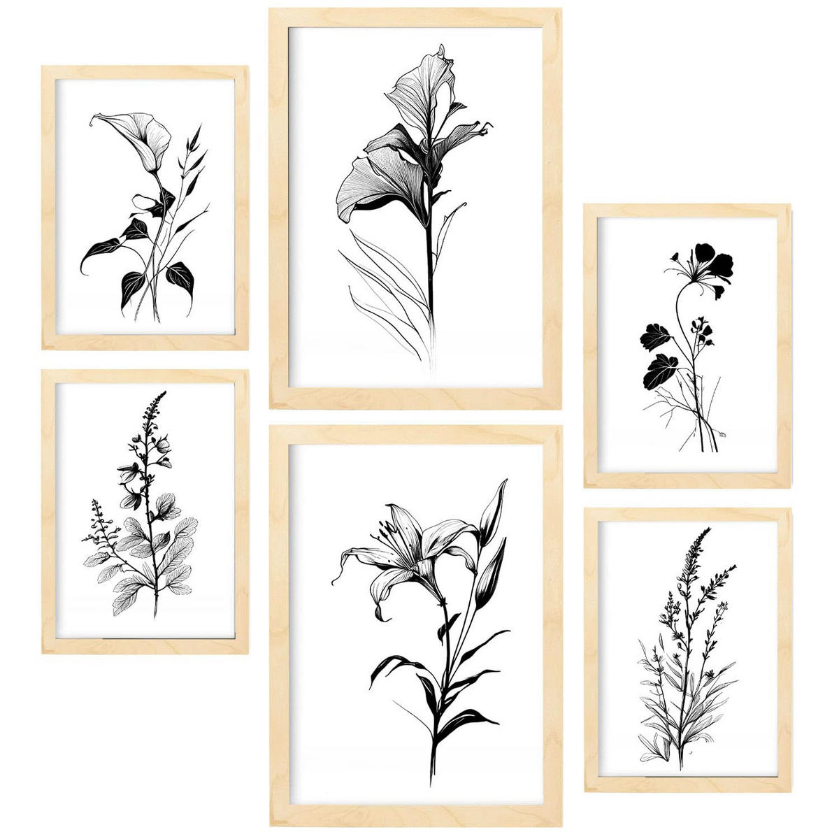 POSTER Set Mit 6 Blumenstrauß Schwarz und Weiß Größe A3 & A4 Rahmen aus hellem Holz - Beige, Papier (29.7/1cm) - Nacnic