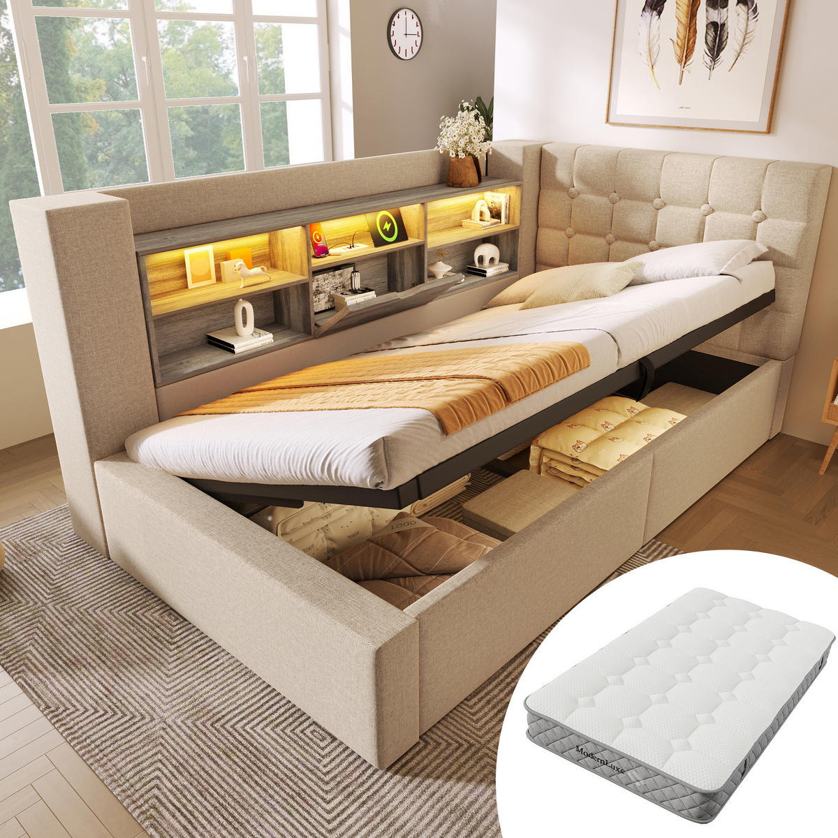 POLSTERBETT mit Stauraum 90x200 cm Leinen Beige inkl. Matratze - Beige, Metall (90/200cm) - Meubliv