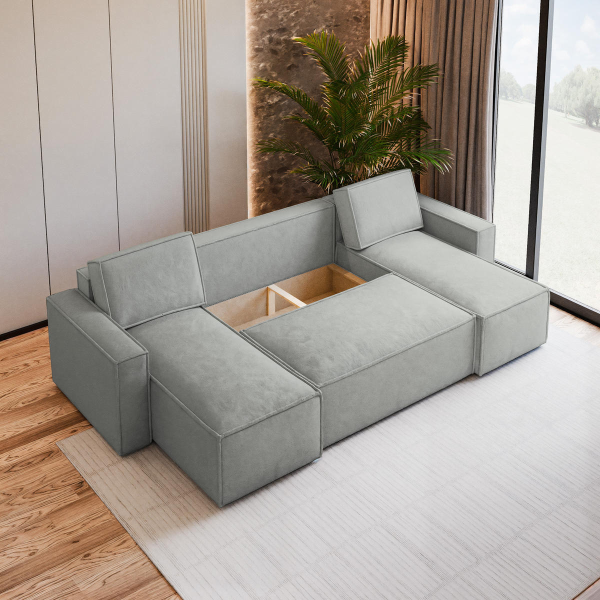 WOHNLANDSCHAFT PESANO M Hellgrau Velours-Stoff mit Schlaffunktion - Hellgrau, Holz (306/85/140cm) - MASSENO