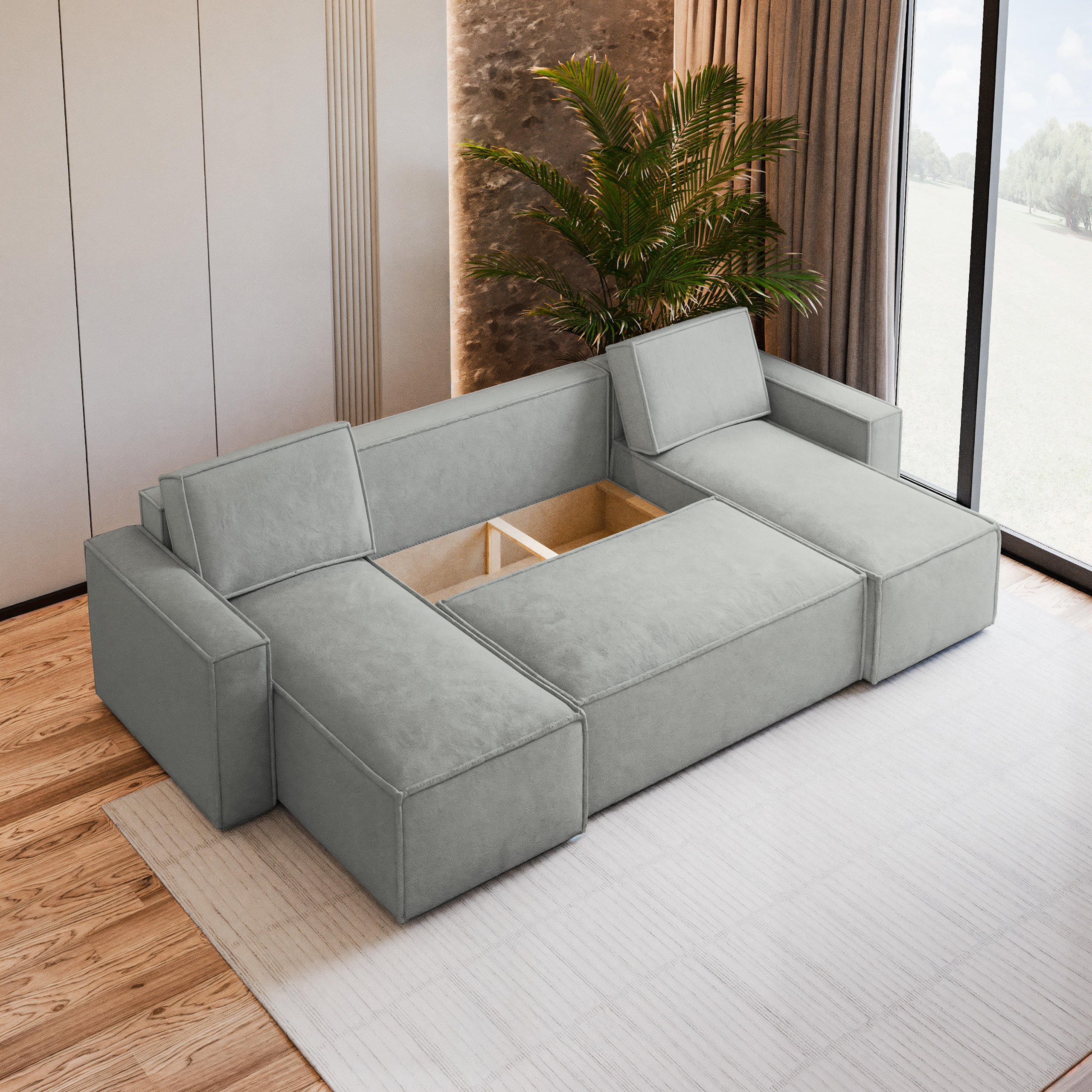 Thumbnail - Masseno Wohnlandschaft, Hellgrau, Holz, 5-Sitzer, U-Form, 306x85x140 cm, Wohnzimmer, Sofas & Couches, Wohnlandschaften, ...