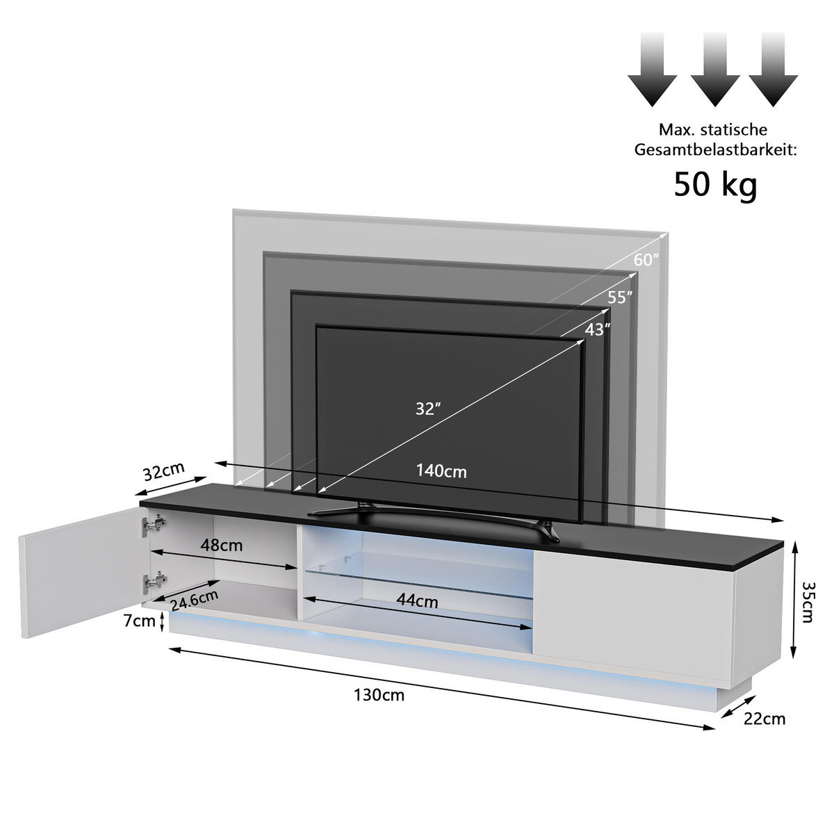 TV LOWBOARD 140x32x30 cm LED 16 Farben Türen Holz weiß schwarz - Weiß, Holz (140/42/32cm) - LEBENLANG
