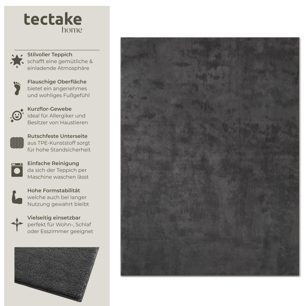 KURZFLORTEPPICH Soft Zone,rutschfeste Unterseite,anthrazit - Anthrazit, Kunststoff (200/140cm) - tectake