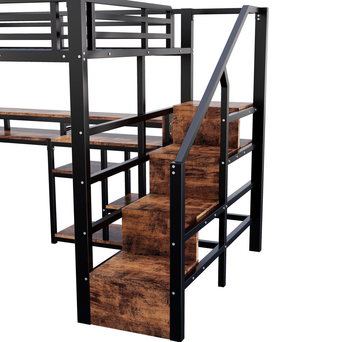 HOCHBETT Metall & MDF 140x200 cm Schwarz mit Leiterschrank, Ablagefach, LED-Lichtleiste & USB/Typ-C - Schwarz, Holzwerkstoff (140/200cm) - Modfu