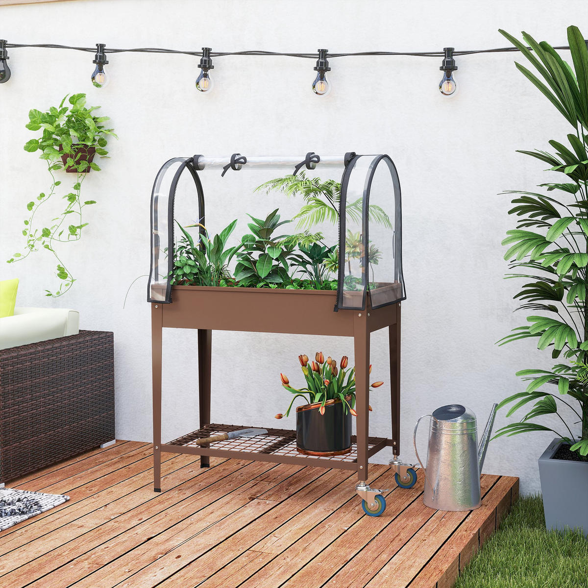 HOCHBEET DE-16036 mit transparenter Abdeckung & Rollen - Braun, Metall (80/120/40cm) - ComfortXL