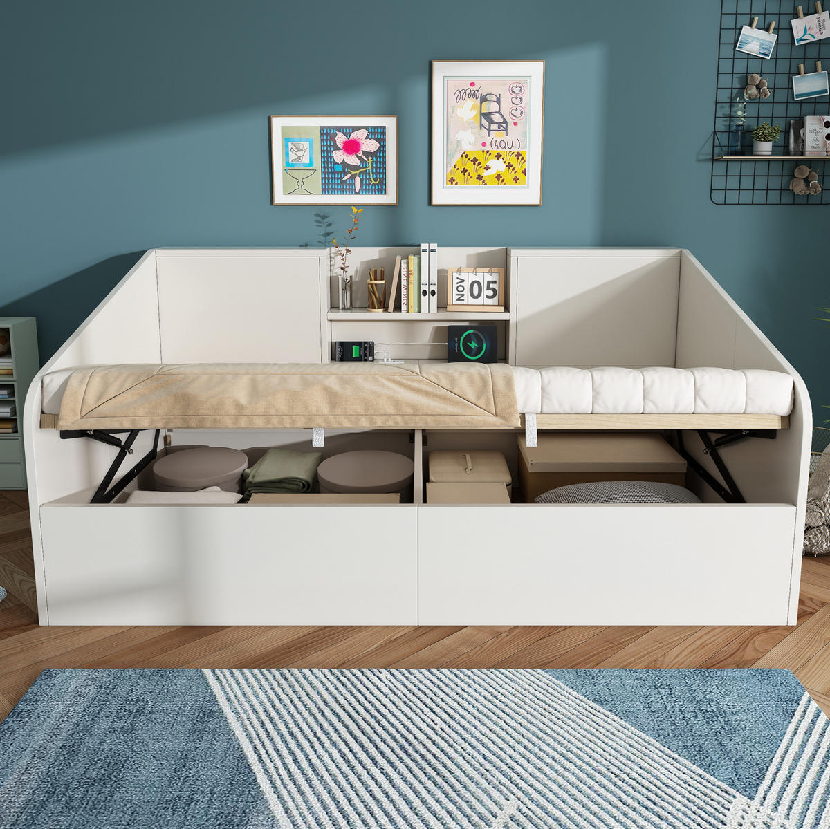 ČALOUNĚNÁ postel 90/190 cm dřevo bílá, s hydraulickým úložným prostorem a USB/Type-C - bílá, kompozitní dřevo (90/190cm) - BEAOK
