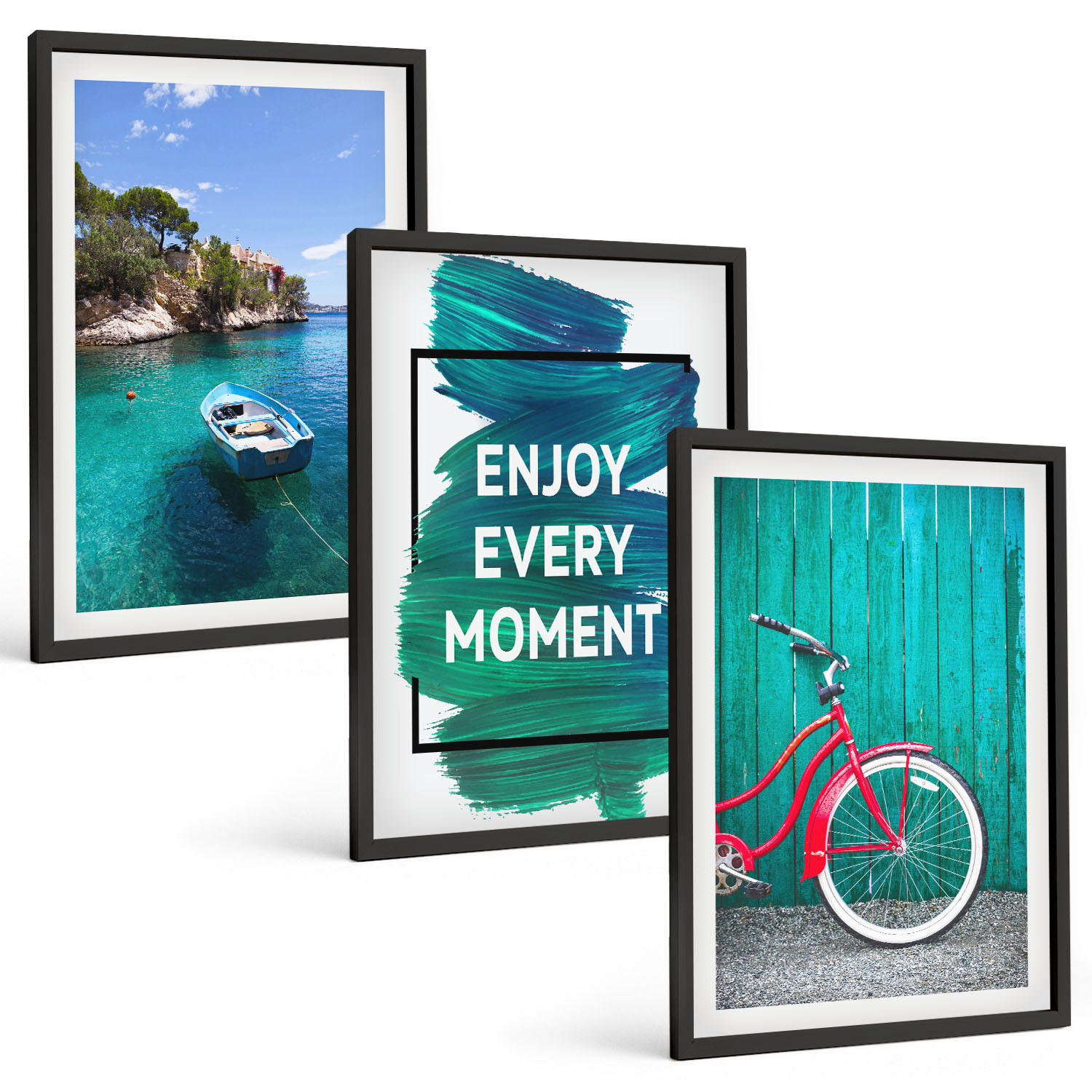 BILDER SET 3er Set - 40x60 cm Schwarzer Rahmen - Inspiration für ein Fahrrad mit Seeboot - Schwarz, Kunststoff (40/60cm) - TULUP