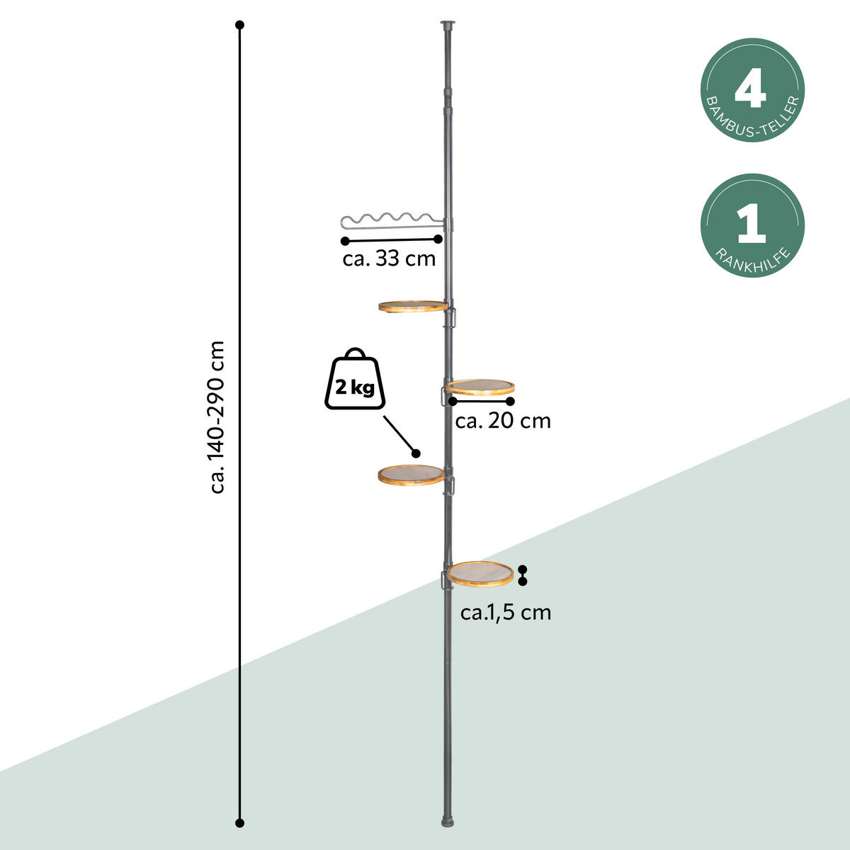TELESKOP-BLUMENSÄULE mit 4 Bambusablagen, grau - Grau, Metall (53/290/20cm) - bremermann