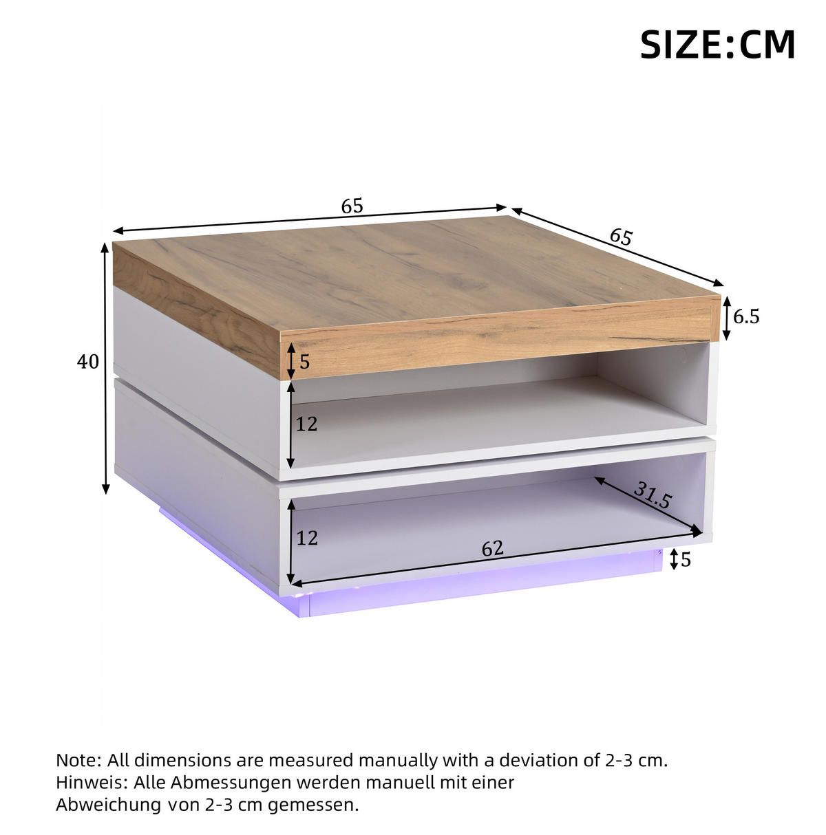 COUCHTISCH 65/65/40 cm Weiß/Holzton aus MDF mit 360° drehbarer Tischplatte und LED-Beleuchtung - Weiß, Holzwerkstoff (65/65/40cm) - OKMYHOME