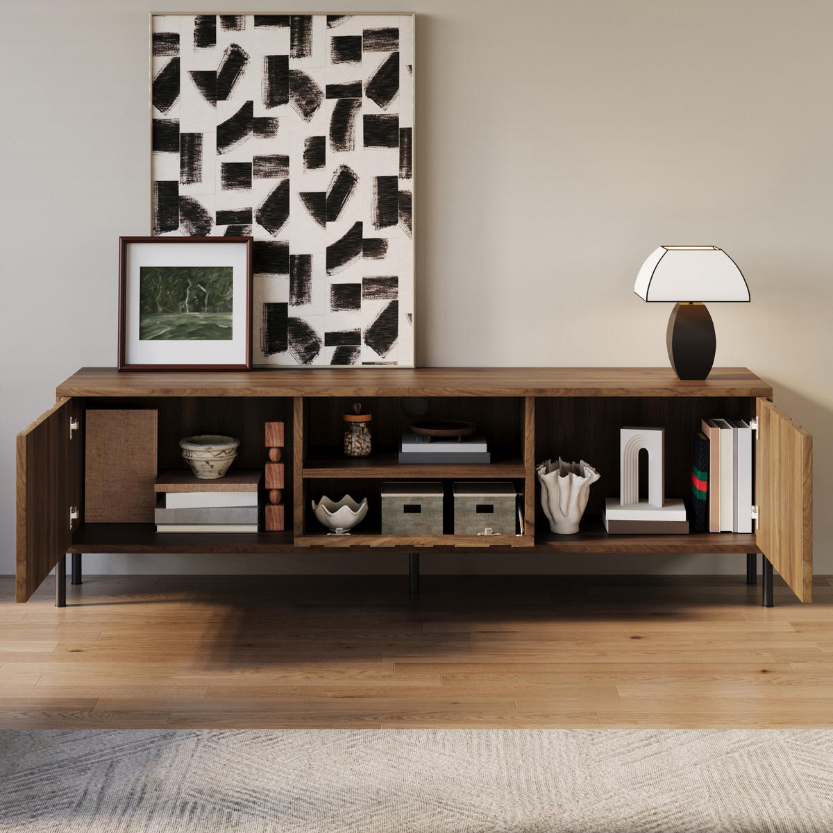 TV-SCHRANK aus MDF 160x35x46 cm Natur mit Kabeldurchführung und Stauraum, wellenförmiges Türdesign - Naturfarben, Holzwerkstoff (160/46/35cm) - Modfu