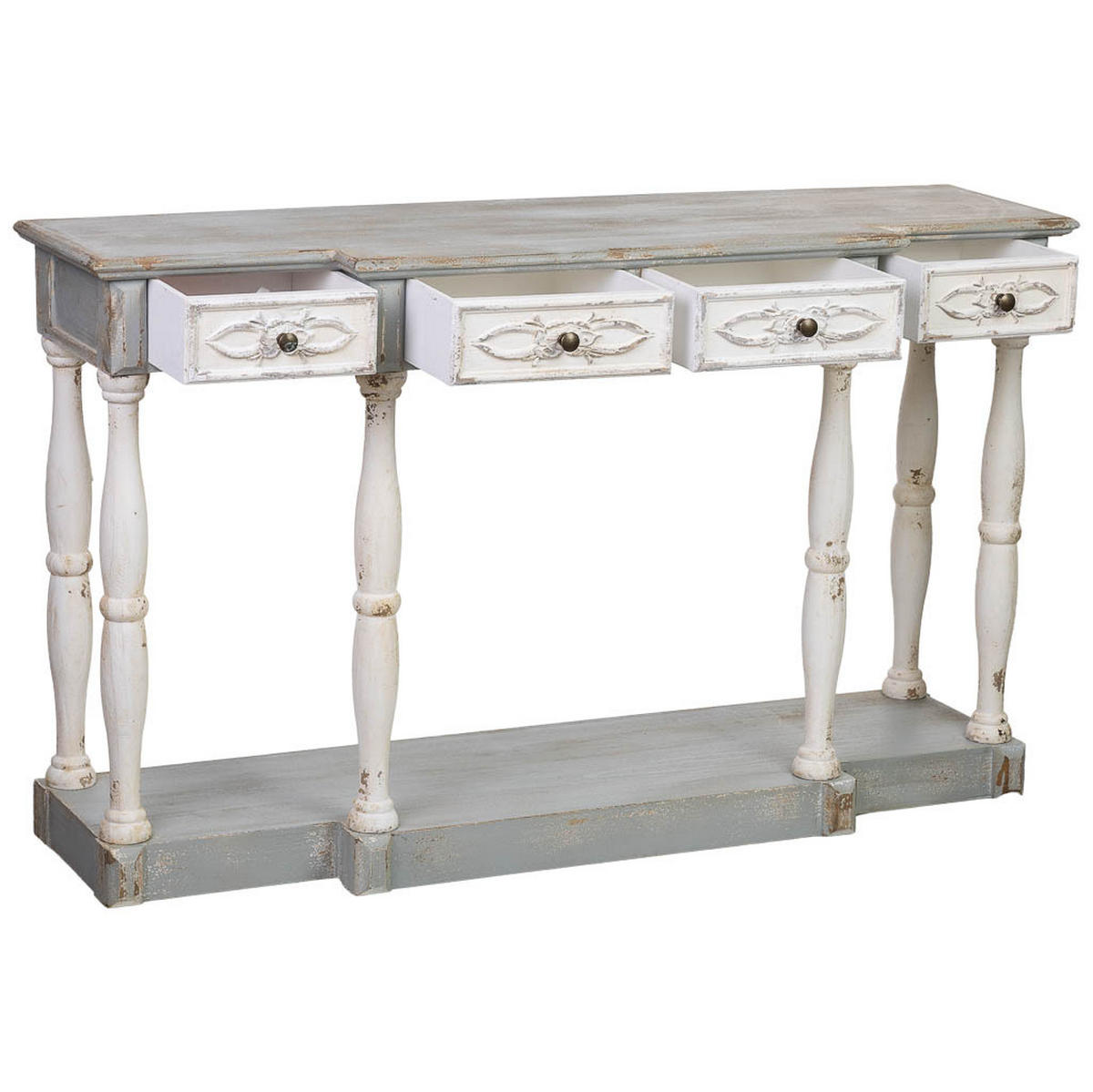 EMPFANGSTISCH aus Holz mit 4 Schubladen, gealtertes Finish 142x42x85 cm - Weiß, Holz (42/142/85cm) - Wanderlust