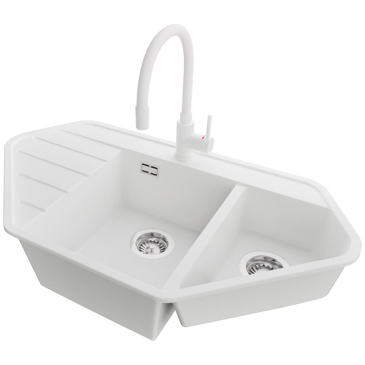 GRANITSPÜLE Kopenhagen Corner, 2-er set Weiß 90/50 cm 1,5 Becken + Küchenarmatur 38/14 cm + Ablauf-Set ab 70er Unterschrank - Chromfarben/Weiß, Kunststoff (90/18/50cm) - Primagran