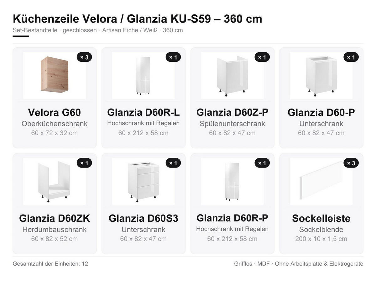 KÜCHENZEILE – 360 cm – KU-S59 – Velora / Glanzia – Artisan Eiche / Weiß – ohne E-Geräte - Weiß Hochglanz, Holzwerkstoff (360/212/58cm) - hi-markt