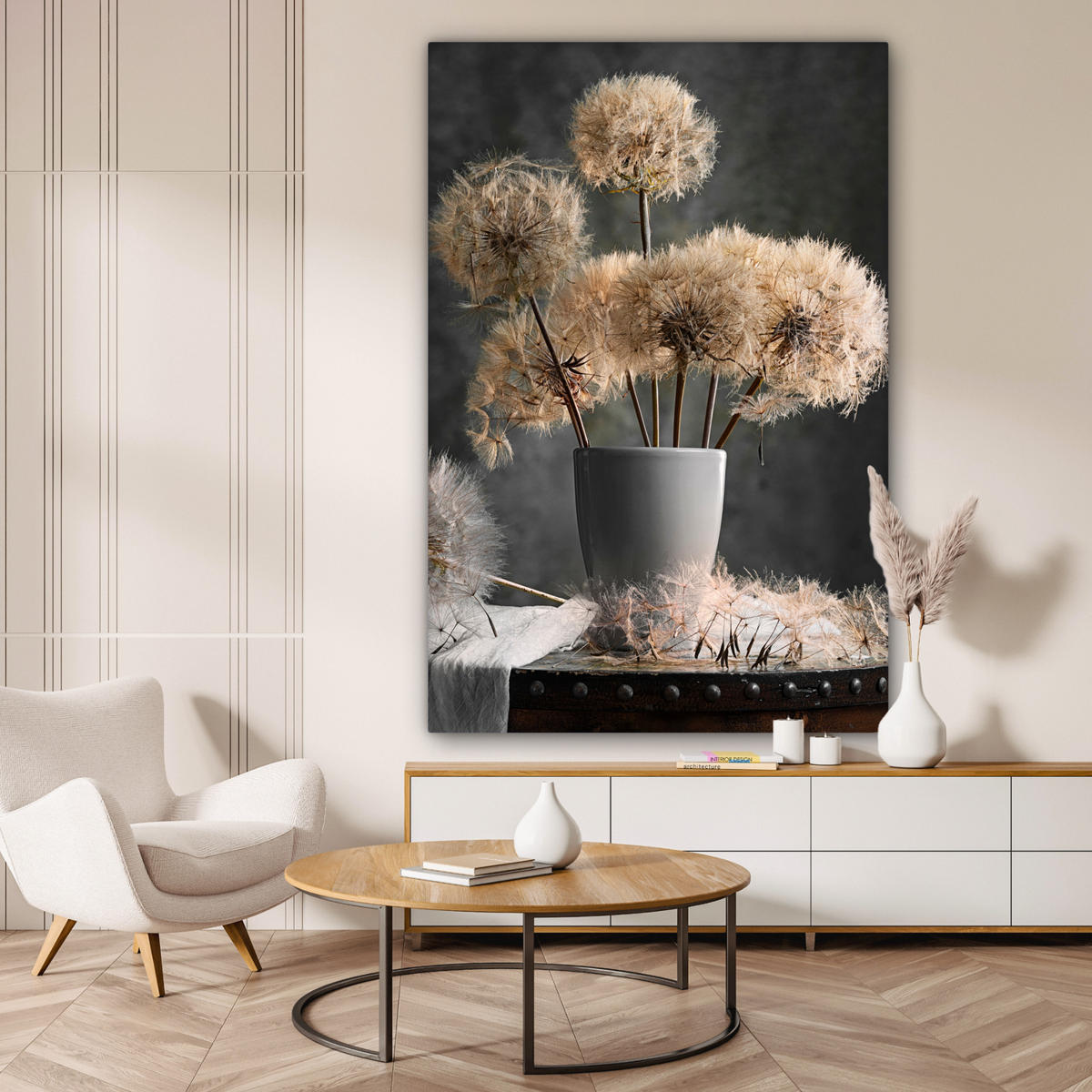 LEINWANDBILD Blumensamen - Löwenzahn - Vase - Stilleben - Blumenstrauß Deko Groß 90x140 cm - Dunkelgrau, Textil (90/140cm) - MuchoWow