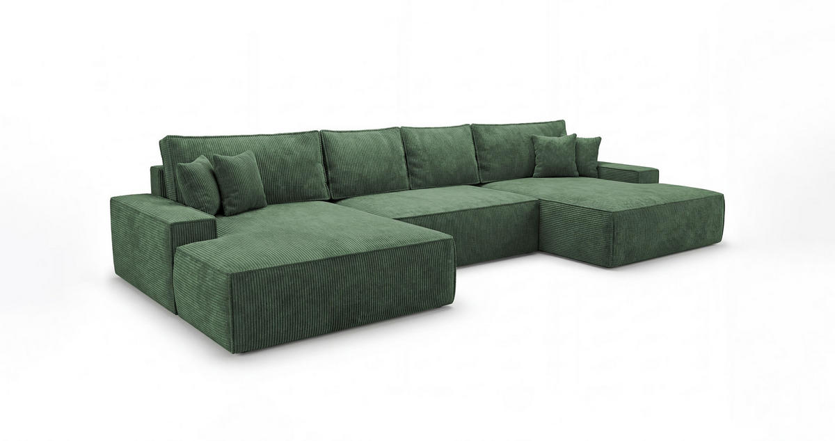 WOHNLANDSCHAFT VERONA U-Form grün Cord Poso 14 - Schlaffunktion, Bettkasten - Grün, Textil (385/86/185cm) - Cornero