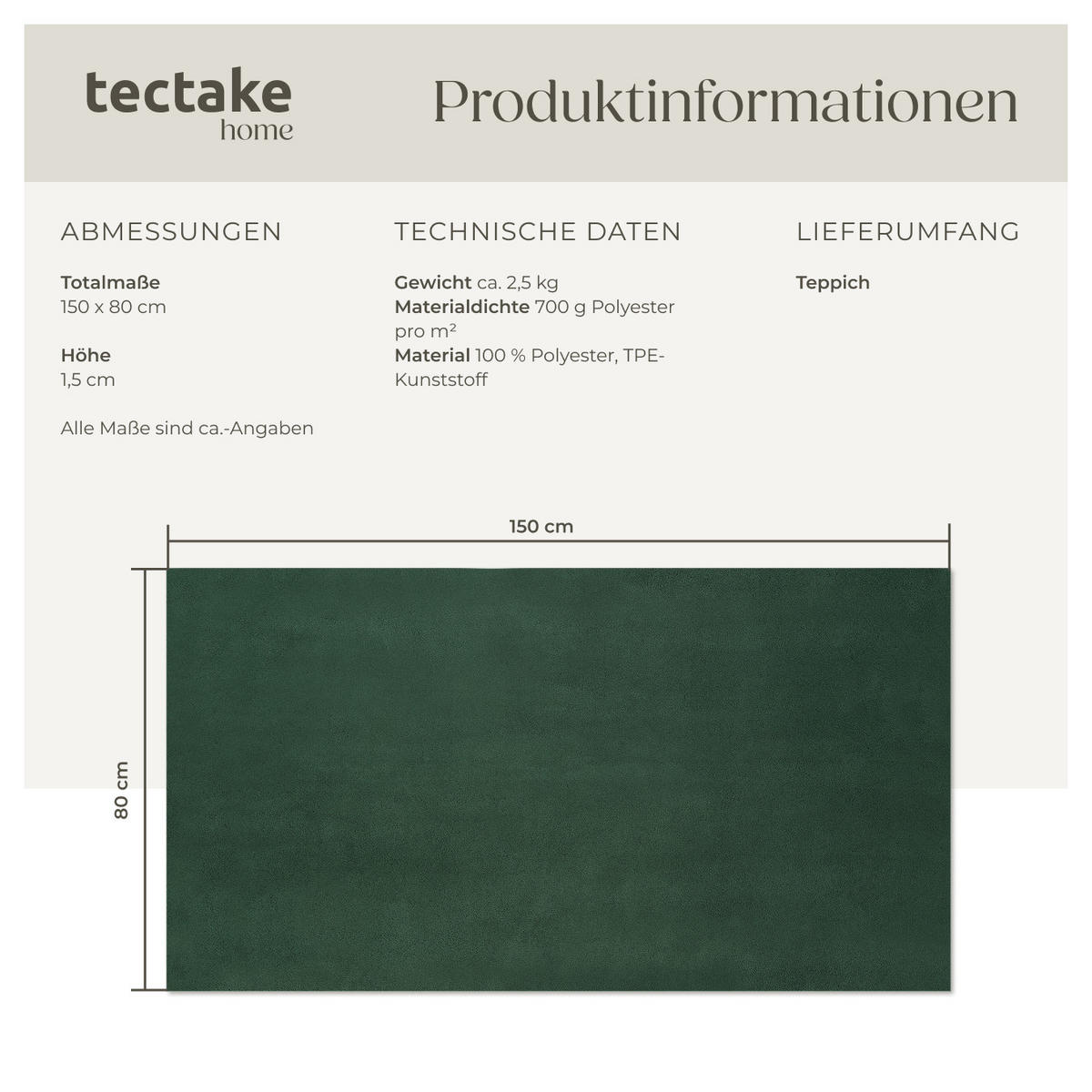 KURZFLORTEPPICH Soft Zone,rutschfeste Unterseite,grün - Grün, Kunststoff (150/80cm) - tectake