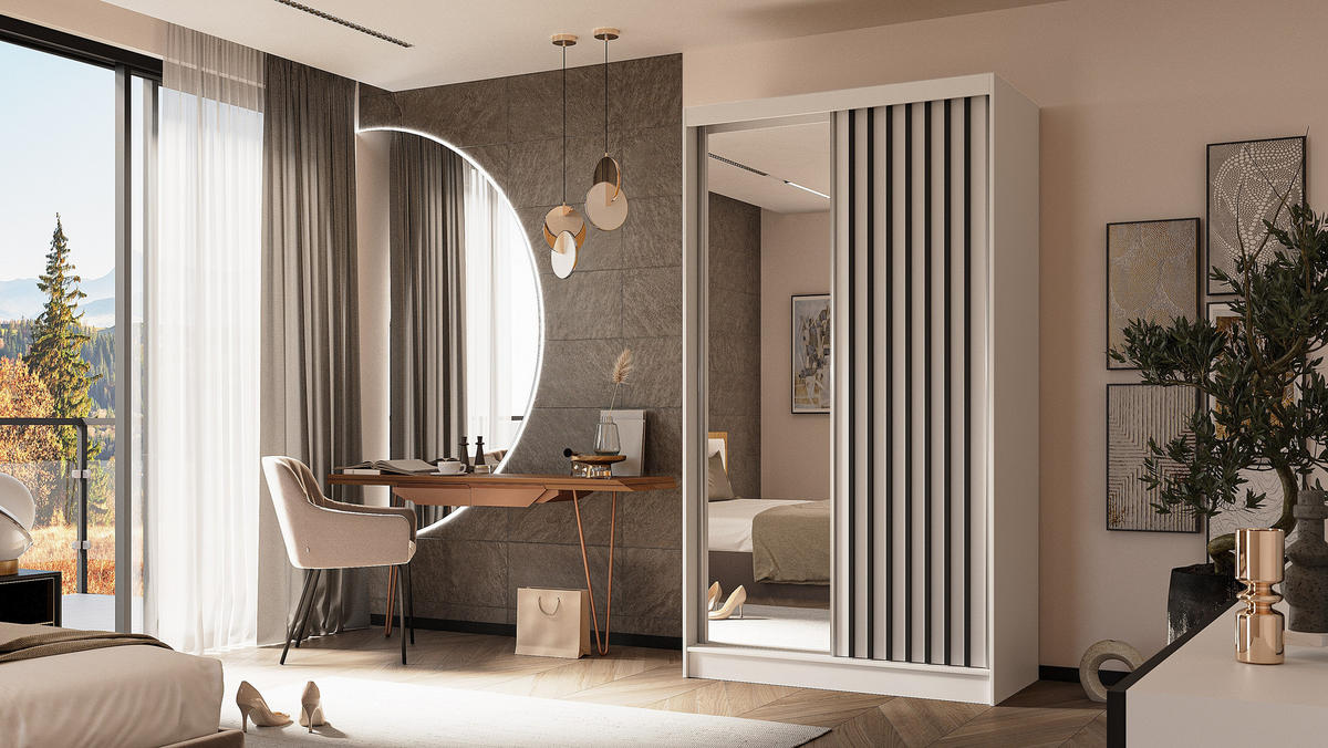 KLEIDERSCHRANK mit Spiegel-Schiebetüren und Aluminium-Leisten, LED-Beleuchtung - LAMELO - 120 cm Weiß+Weiß+Schwarz - Schwarz/Weiß, Holzwerkstoff (120/216/61cm) - ALTDECOR