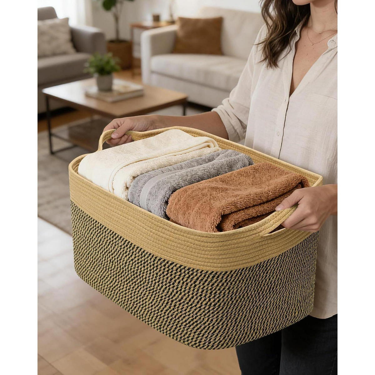WÄSCHEKORB 2-teiliges Set Baumwolle 63L Jute & Schwarz - Multicolor, Naturmaterialien (55/38/30cm)
