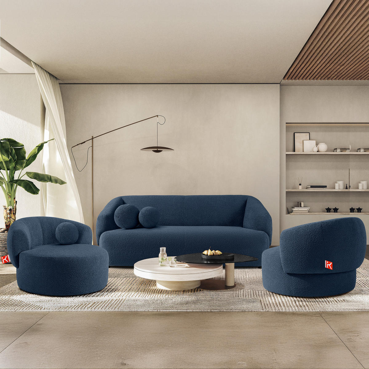 EINZELSOFA VIRA, Marineblau, Bouclé - Schwarz/Dunkelblau, Holz/Holzwerkstoff (210/84/100cm) - KONSIMO®