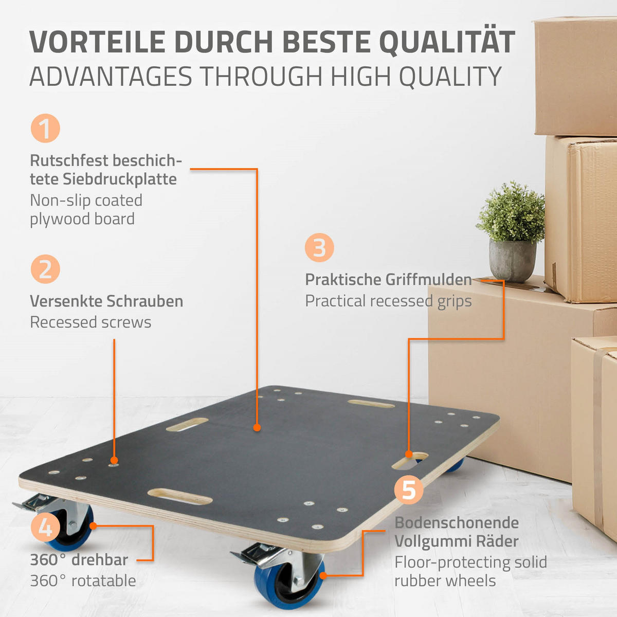 TRANSPORTROLLER 2er Set mit 4 Rollen 2 mit Bremsen 60x80 cm Traglast 800kg Siebdruck Holzplatte Black - Dunkelgrau, Holzwerkstoff (60/80/14.5cm) - ECD-Germany