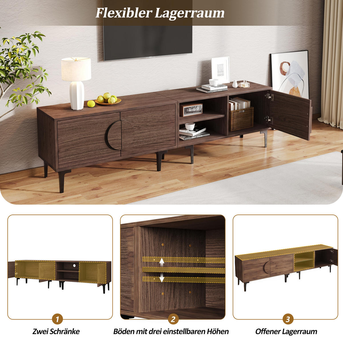 TV-SCHRANK 180/35/49 cm Dunkel Walnuss für 80 Zoll TV mit 3 Türen - Nussbaumfarben, Holzwerkstoff (180/49/35cm) - Oxeza