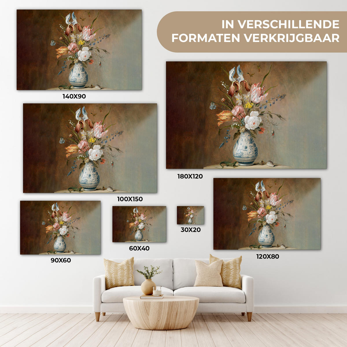 LEINWANDBILD Alte Meister - Blumen - Balthasar van der Ast Wohnzimmer Groß 120x80 cm - Hellbraun, Textil (120/80cm) - MuchoWow